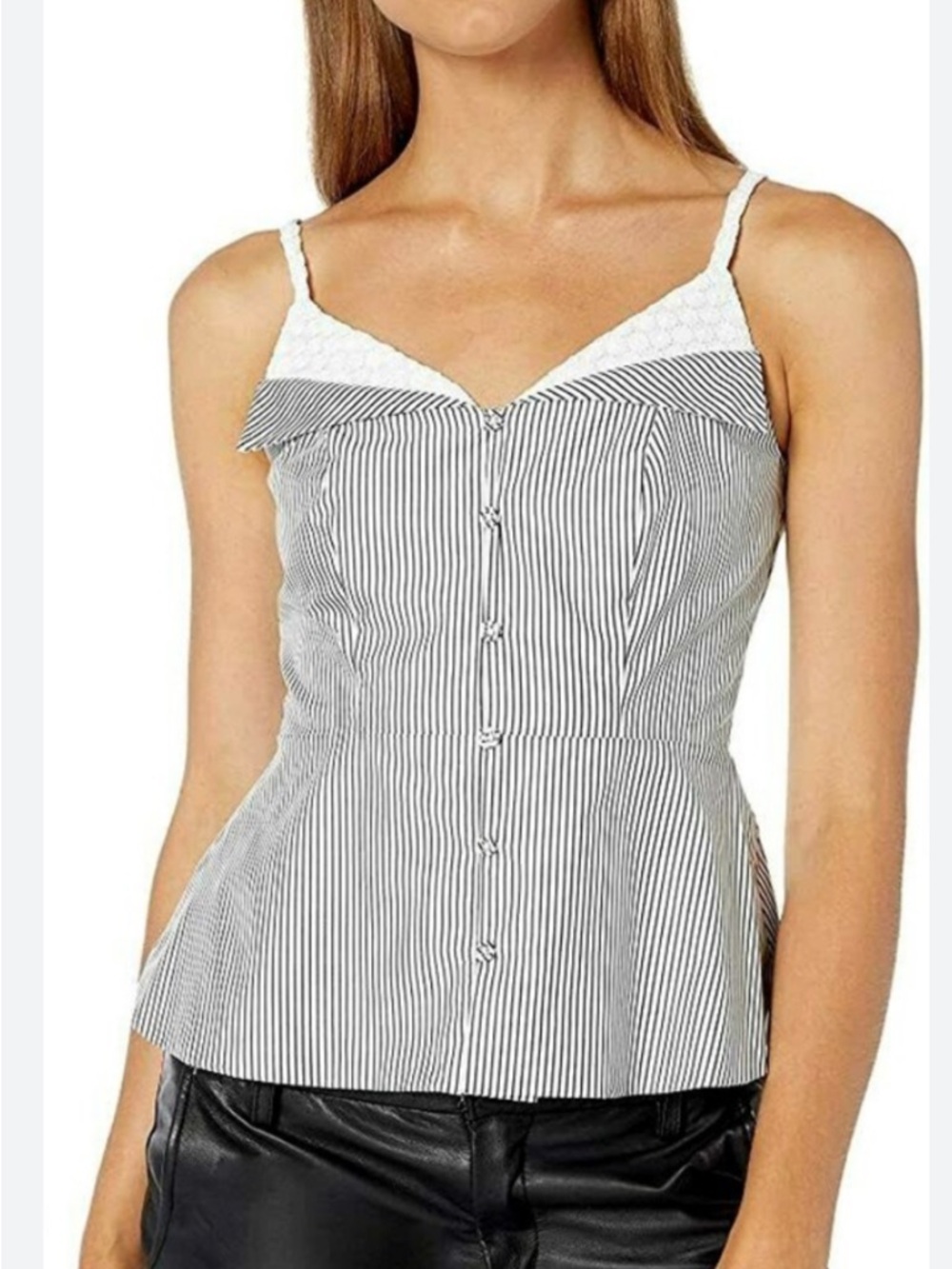 BCBGMaxAzria Black and White Striped Lace-Trim Camisole